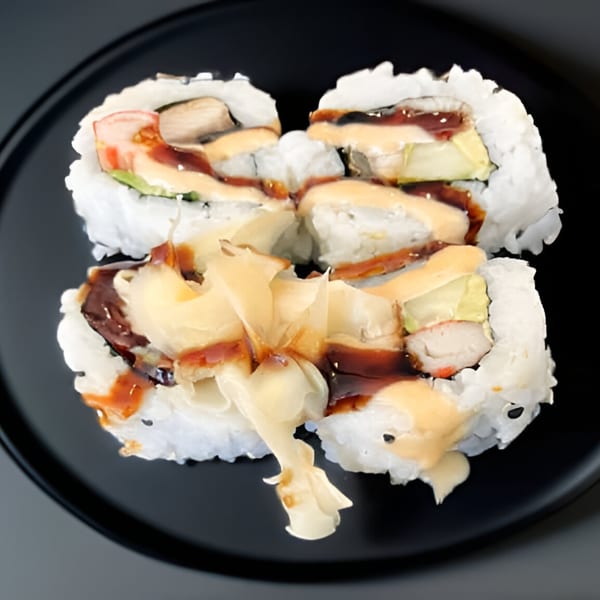 Four pieces of sushi with eel, avocado, and crab, topped with sauce and ginger on a black plate.