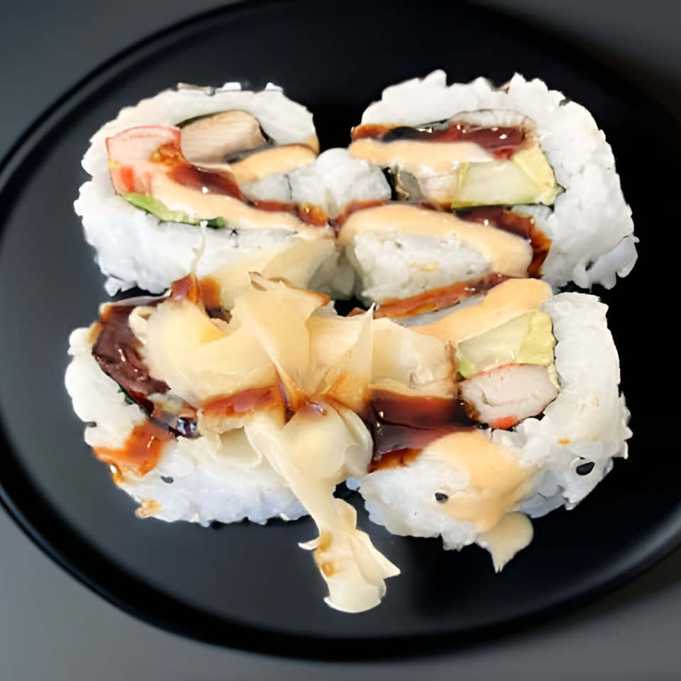 Four pieces of sushi with eel, avocado, and crab, topped with sauce and ginger on a black plate.